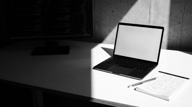 A studio desk split between window light and shadow — everything in black and white